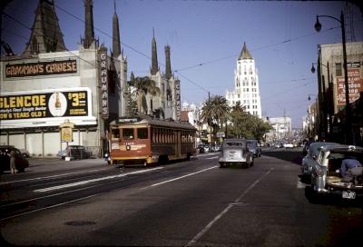 A Pacific Electric Red Car on Hollywood Boulevard on April 11, 1953. Photo: Robert B. Peterson. Orange Empire Railway Museum Library. A Pacific Electric Red Car on Hollywood Boulevard on April 11, 1953. Photo: Robert B. Peterson. Orange Empire Railway Museum Library.